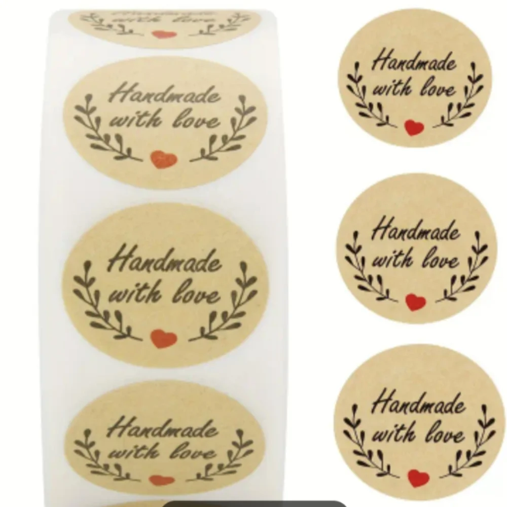 🆕✅500pcs/roll Handmade With Love Stickers ❤️- Light Brown Kraft Labels